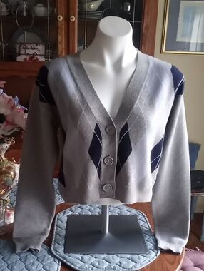 Ardene Grey and Navy Argyle V-Neck Button Cardigan